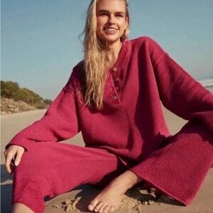 Free People Hailee Large Long Sleeve Top Raspberry Deep Pink Sweater Sweatshirt